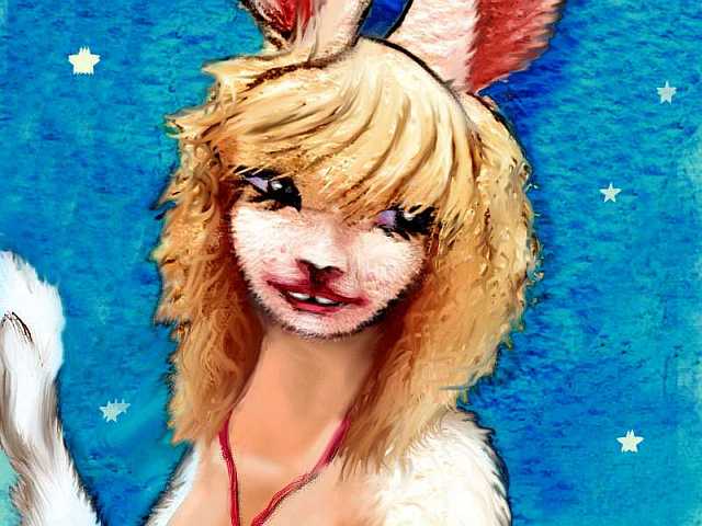 Watercolor sketch of a dream by Wayan: close-up of rabbit girl. Wide-set violet eyes, buck teeth, blonde bangs.