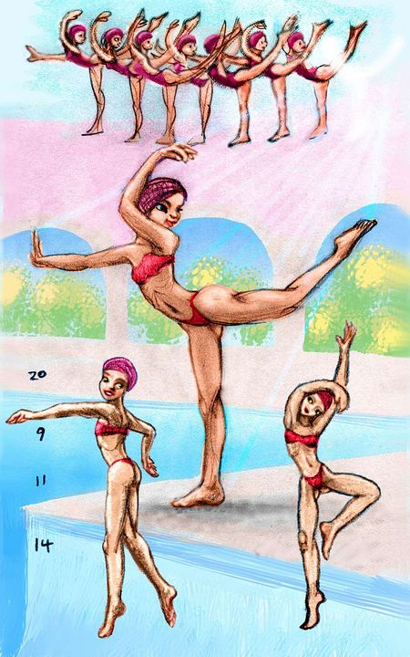 Click regions for close-ups. Sketchs of a dream by Wayan. Top: a line of water-dancers practicing on land. Center, the youngest solos an arabesque. Bottom left: as she treads water, the apparent ages of her head (20) breasts (9) hips (11) and legs (14) are marked. Bottom right, a slinky pose.