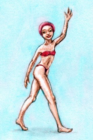 Click to enlarge. Sketch of a dream by Wayan. Girl in magenta bikini and swimcap waves and walks away.