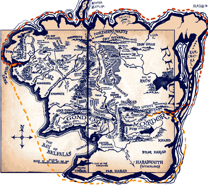 Middle Earth map revealing undefended sea-routes to Mordor. Dream sketch by Wayan, from map by Tolkien. Click to enlarge.