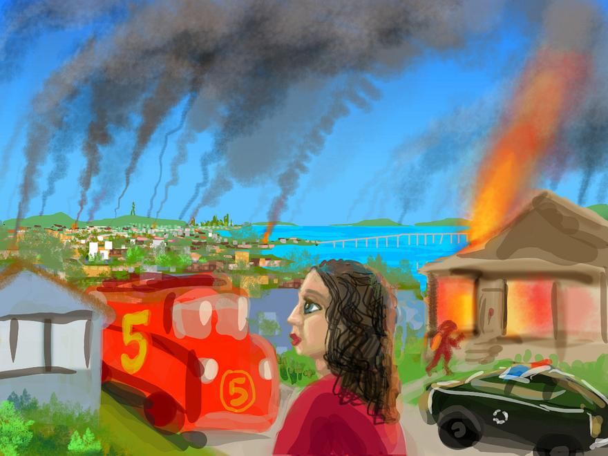 Multiple fires set all over the Bay Area; dream sketch by Wayan. Click to enlarge.
