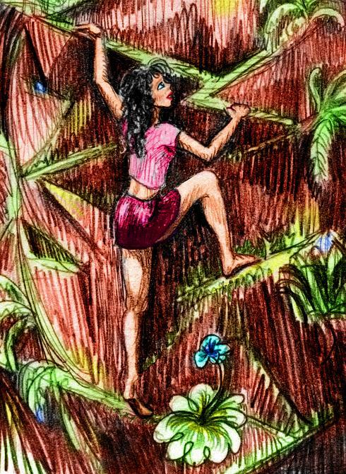 Barefoot ropeless girl climbs a cliff. Dream sketch by Wayan. Click to enlarge