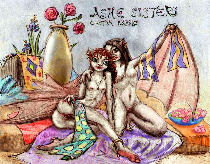 Sketch of a poster seen in a dream by Chris Wayan. Two grayish, furry, batwinged girls sit nude amid fabrics vases and flowers. At top, their logo: 'Ash Sisters: Custom Fabric'. Click to enlarge.