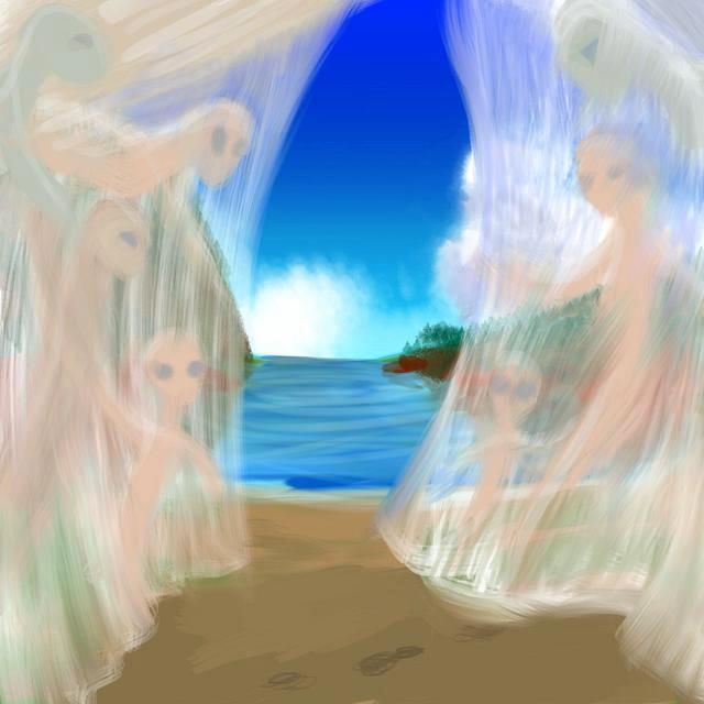 A beach tent has white gauze curtains hiding time-ghosts; sketch of a dream by Wayan. Click to enlarge.