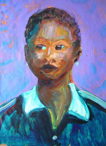 Acrylic portrait of a young black woman with short hair; shirt blue, background purplish.