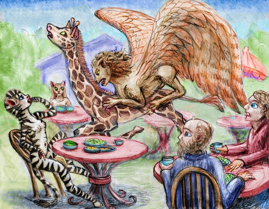 Winged lion pounces on giraffe in a cafe. Dream sketch by Wayan. Click to enlarge.