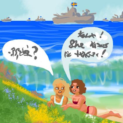 girls gossip at beach. Swedish navy offshore. Dream sketch by Wayan.