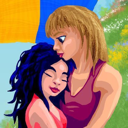 Two girls embrace. Dream sketch by Wayan.