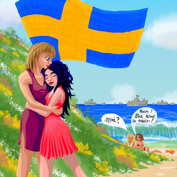 Beach. Swedish flag over tall & short girl hugging. Dream sketch by Wayan. Click to enlarge.