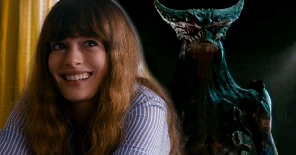 Still from 'Colossal' showing Ann Hathaway in human and monster form.