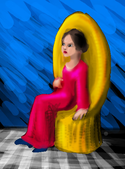 Digital sketch of a dream by Chris Wayan: a frowning matriarch in a red gown on a high-backed wicker chair.