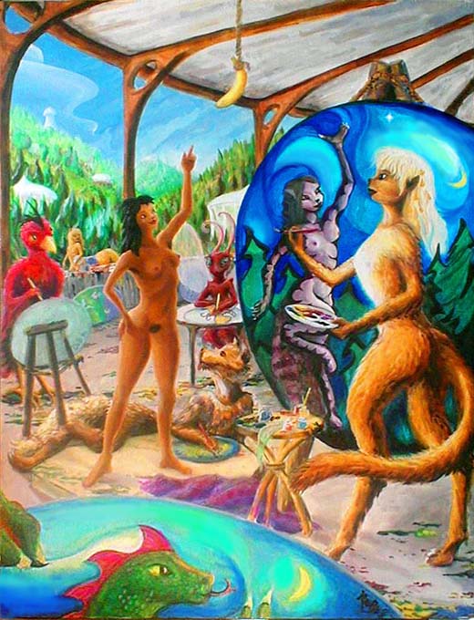 a life-drawing class; the model points at a banana on a string: a low-budget moon. The students, an upright cat, a green dinosaur, a sprawling wolf, a tall red bird, and a huge gauzy moth, paint versions of themselves in her pose. Click to see large shot of the painting in studio.
