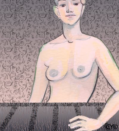 Sepiatone sketch of a dream by Carla Young: woman at a table, naked above the waist