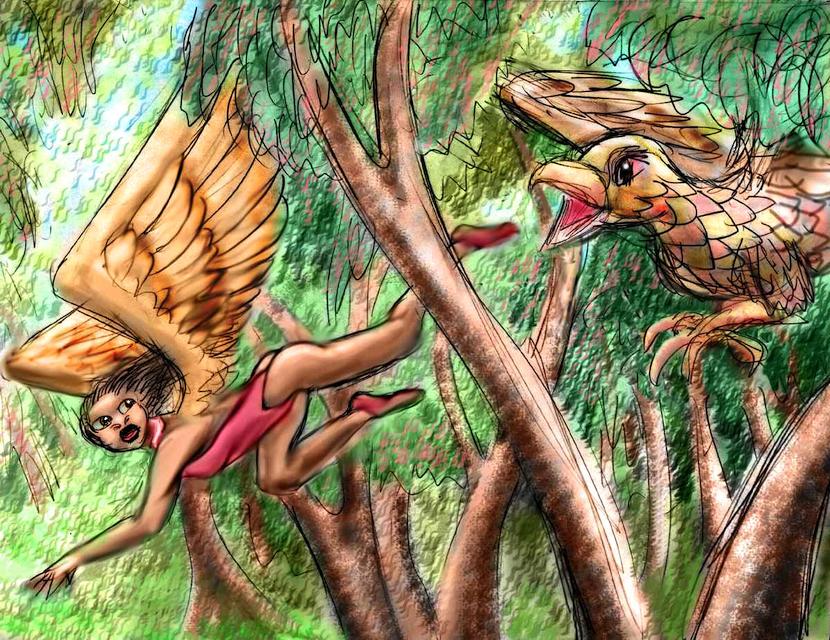 Huge hawk chases winged ballerina through eucalyptus grove. Dream sketch by Wayan; click to enlarge.