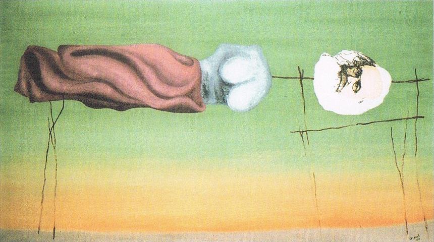 Broken statue of a woman with Karl Marx's head floats sideways in the air. Sketch of a dream by Jindrich Styrsky. Click to enlarge.