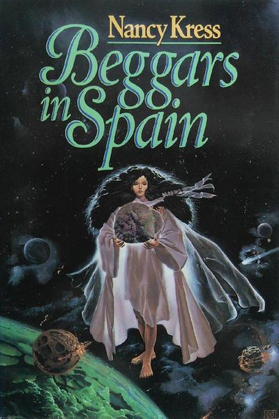 Cover of 'Beggars in Spain' by Nancy Kress. Just don't ask me why she's holding the head of a sheep. Click to enlarge.