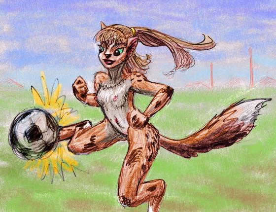 Soccer girl kicks ball. Dream sketch by Wayan. Click to enlarge.