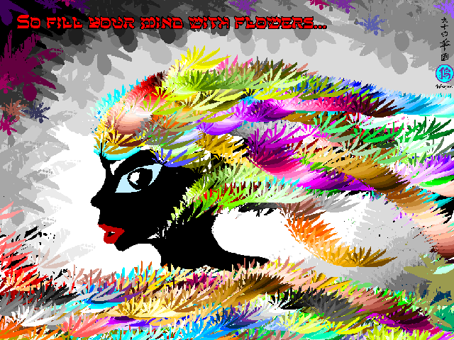 A woman with flowers spilling out of her head, becoming her hair. A Biblical motto says 'So fill your mind with flowers...' Click to enlarge.