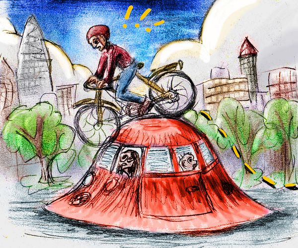 I bike right over a weird little car shaped like a bell. Dream sketch by Wayan.