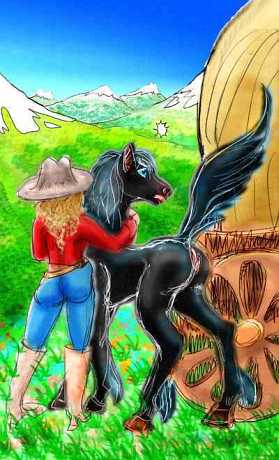 A black mare and a cowgirl spot something across a valley