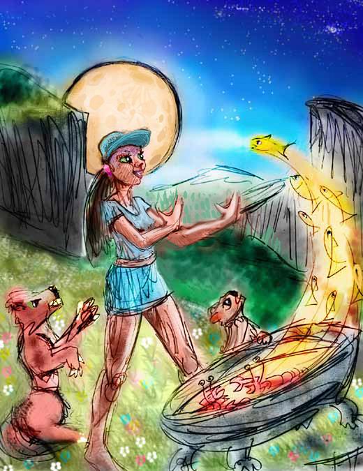 Moonrise. Nicole revives fish with the Elixir of Life. Dream sketch by Wayan; click to enlarge.