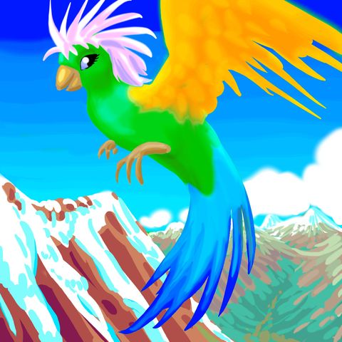 The Simurgh, an ancient bird-goddess, over her home, Mt Demavend (or Mt Elbrus; accounts differ). Dream sketch by Wayan; click to enlarge.