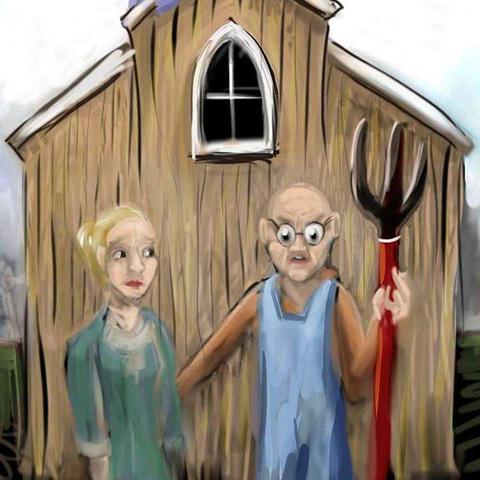'American Gothic' painting by Grant Wood as sketched by Wayan; click to enlarge.