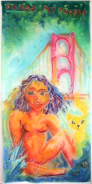 Eve and her golden cat, with Golden Gate Bridge looming behind