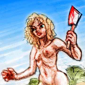Naked sunbather raising a bloody cleaver in rage.