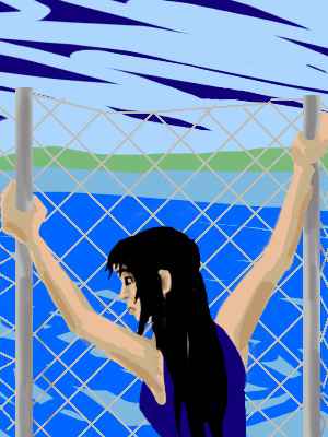 Woman with black hair and navy top hangs on a chainlink fence, staring sadly at San Francisco Bay