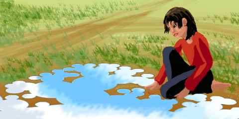 Child in red top, black pants kneels by a puddle with a fractal shore.