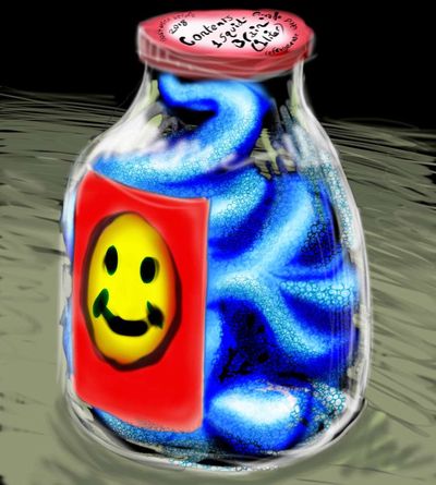 People's heads are blue brains in jars. Dream sketch by Wayan. Click to enlarge.