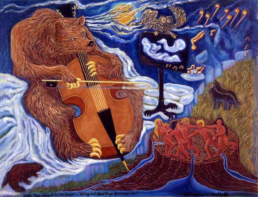 Night. A bear on a snowy mountain plays 'Nothing But Blue Skies From Now On' for a ring of naked little dancing people on a huge tree stump below. Streams pour from it--the rivers of the earth? A beaver and two wolves watch, while an owl perched on the music stand appears to be directing. The score's a page of clouds looking like buxom Titian women. Legend at bottom: 'Mister Bear plays for the little people.'Faint words on the right edge say (I think) 'A spirit dwells in every corner of creation.'