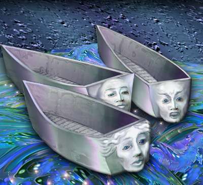 Painting of a dream image by SAO (Shawn Allen O'Neal): sentient boats with human faces on their sterns.