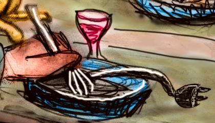Sketch of a dream: a glass of wine by a plate of boiled electrical cord. Yum!