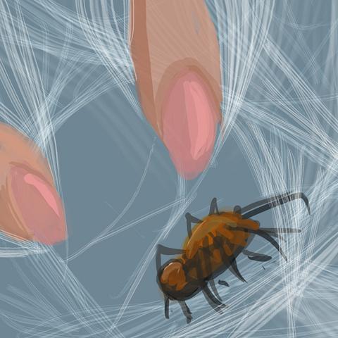 Fingers reach for a large spider. Dream sketch by Wayan.