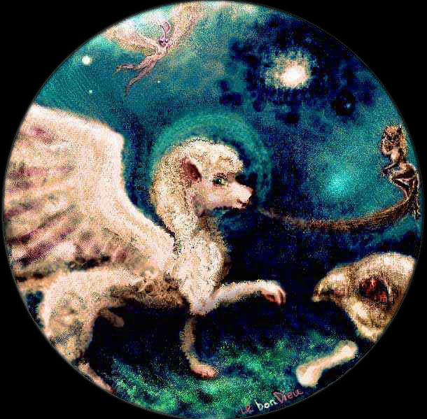 A round dark space. A horny Poodle Angel, sniffing at Le Bone Dieu, is distracted by Dancing Pussy. Moth Girl hovers, watching, far above.