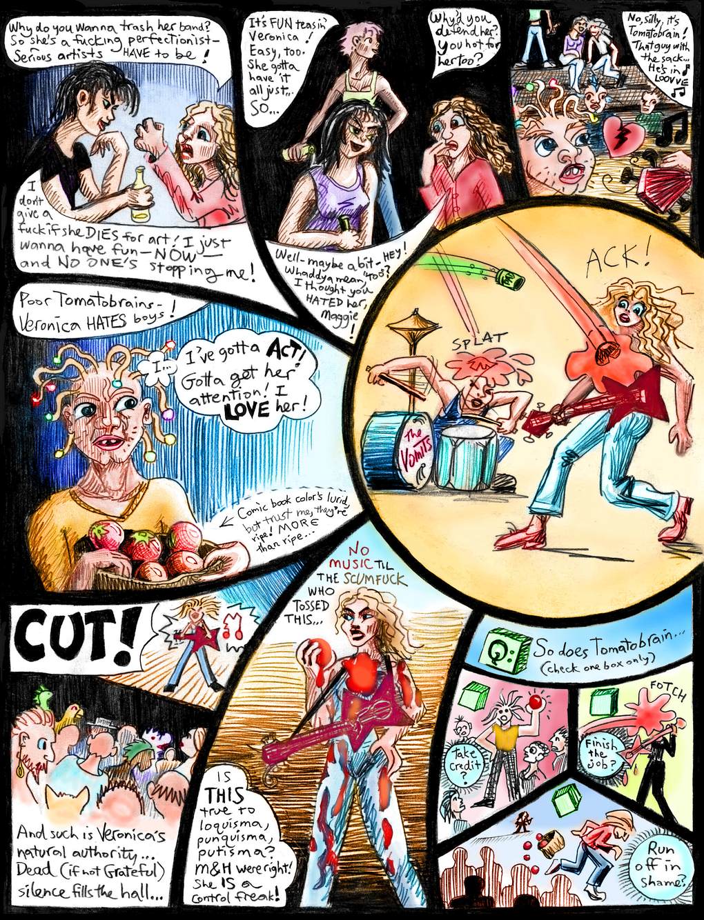 Comic of a dream by Chris Wayan about anorexia. A lovesick fan throws food at Veronica, who stops the show.