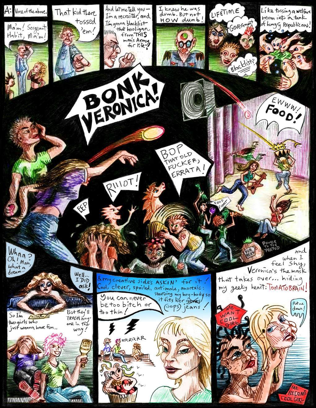 Comic of a dream by Chris Wayan about anorexia. Food fight in the punk club of my dreams.