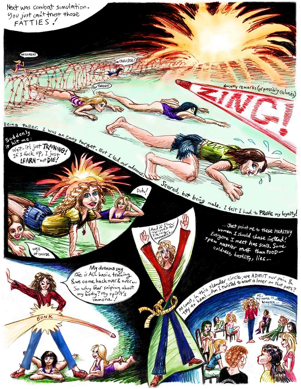 Comic of a dream by Chris Wayan about anorexia. Anorexics face sniper fire--gossip, or are those calories?