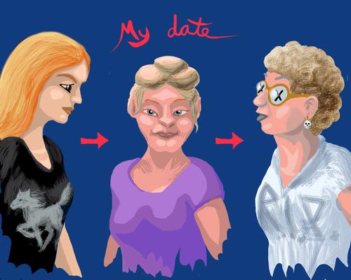 My date transforms from cute to plain to a dead woman. Dream sketch by Wayan. Click to enlarge.