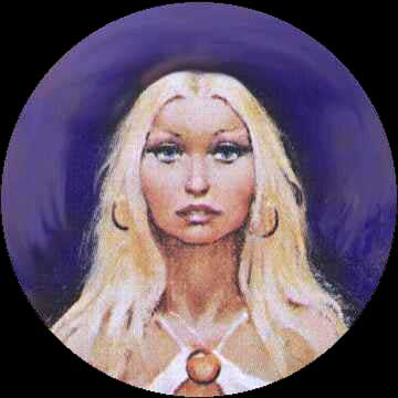 My blonde neighbor with a low forehead, who wants my spiderwebs in a dream. Picture based on a book cover by Don Maitz