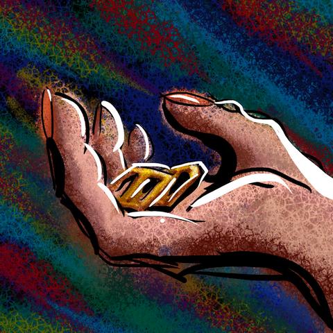 Hand holding brass buckles. Dream sketch by Wayan. Click to enlarge.