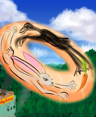 Bugs Bunny and Daffy Duck stuck in a flying donut. Sketch of a dream, 'Bugs and Roosevelt', by Wayan.