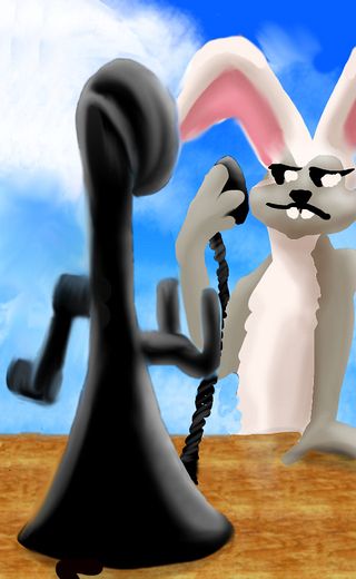 Bugs bunny uses an antique hand-crank phone. Sketch of a dream, 'Bugs and Roosevelt', by Wayan.