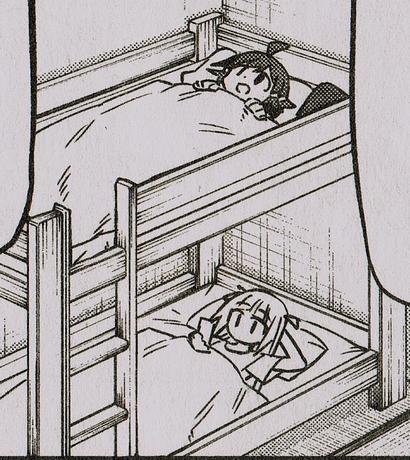 in 'Witch Life in a Micro Room', Ririca and Madge in their bunk bed. Manga panel by Akitaka. Click to enlarge.