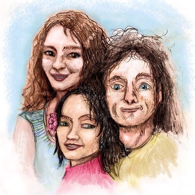 three smiling faces in a triangle. Color pencil sketch by Wayan