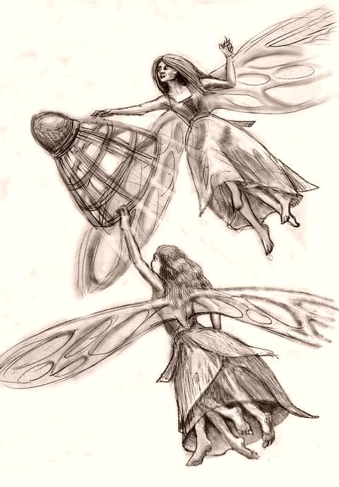 Two fairies with dragonfly wings and four feet each, chasing a badminton birdie mid-air. Dream sketch by Wayan.