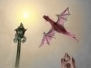 Color pencil sketch of silhouettes of a lamppost, a cathedral spire, and a dragon over all. Dream sketch by Wayan.