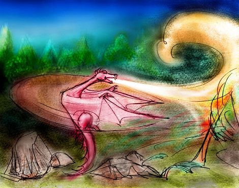 Dragon flattens tree with fire and wings. Dream sketch by Wayan; click to enlarge